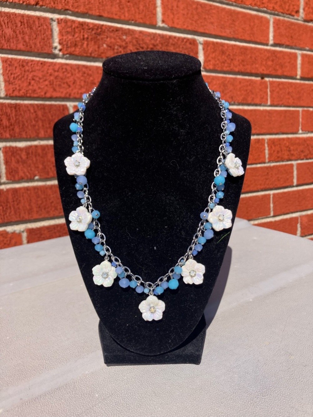 Talbots Blue Bead Necklace with White Flower Charms